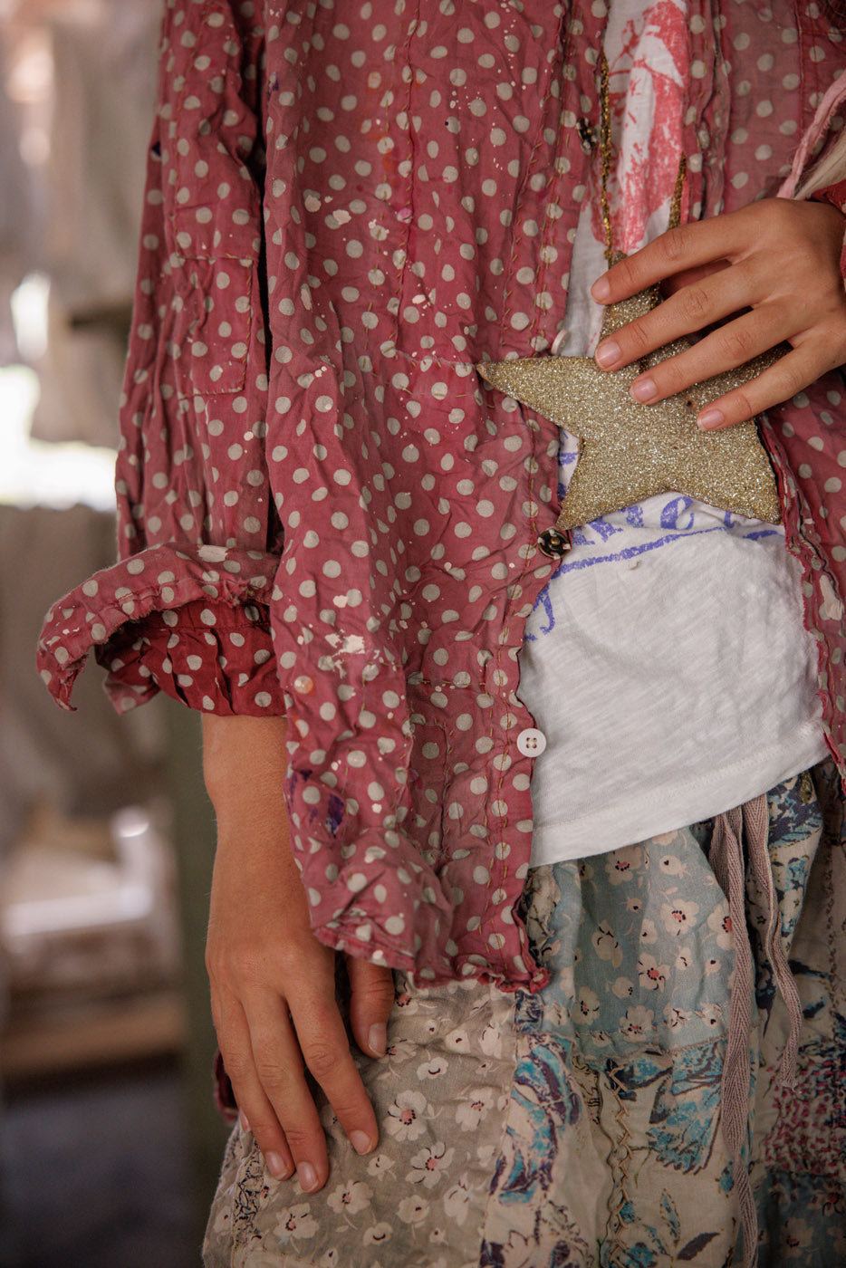 Magnolia Pearl artisan polka dot blouse, vintage floral patchwork skirt, whimsical star necklace