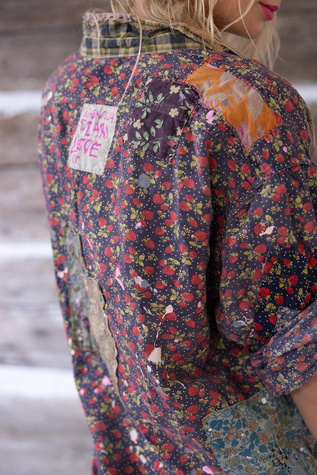 Magnolia Pearl artisan patchwork shirt with whimsical vintage floral and berry design