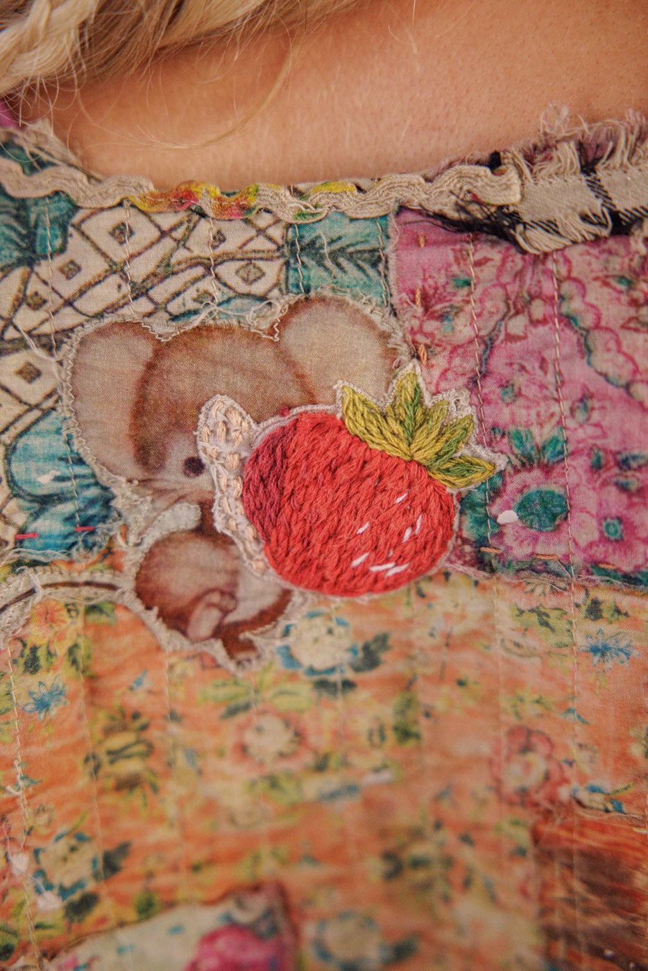 Quilted Bapu Poncho Top Magnolia Pearl Clothing embroidered strawberry and cute mouse