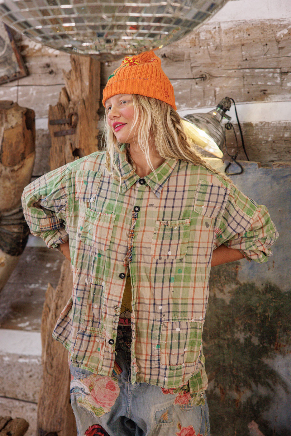 Adison Workshirt Magnolia Pearl Clothing green plaid print flannel vintage style shirt.