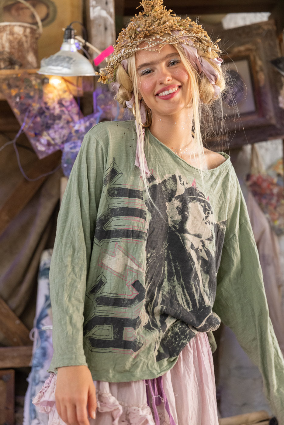 Model wearing vintage green AC/DC band tee – Magnolia Pearl rock-inspired style