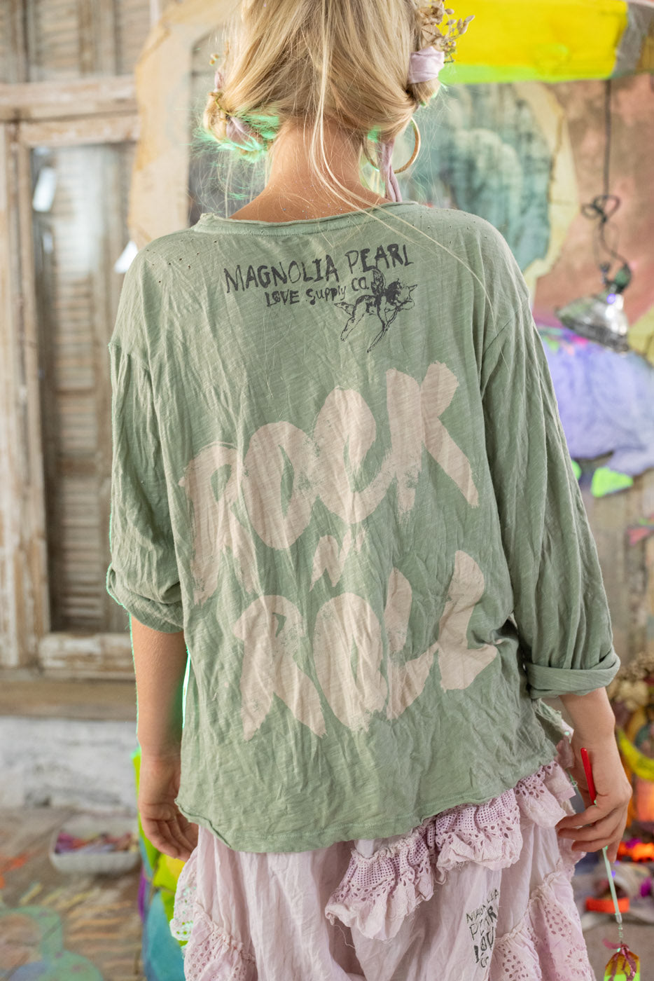 Model in faded green AC/DC top – vintage rock n roll on the back by Magnolia Pearl