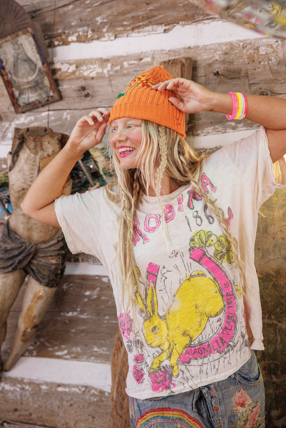 Lucky Anna T Magnolia Pearl Clothing Clovers, Butterflies, Roses, Rabbit, Horseshoe, “Robina 1865” “Magnolia Pearl Love Co.” Graphics on Front