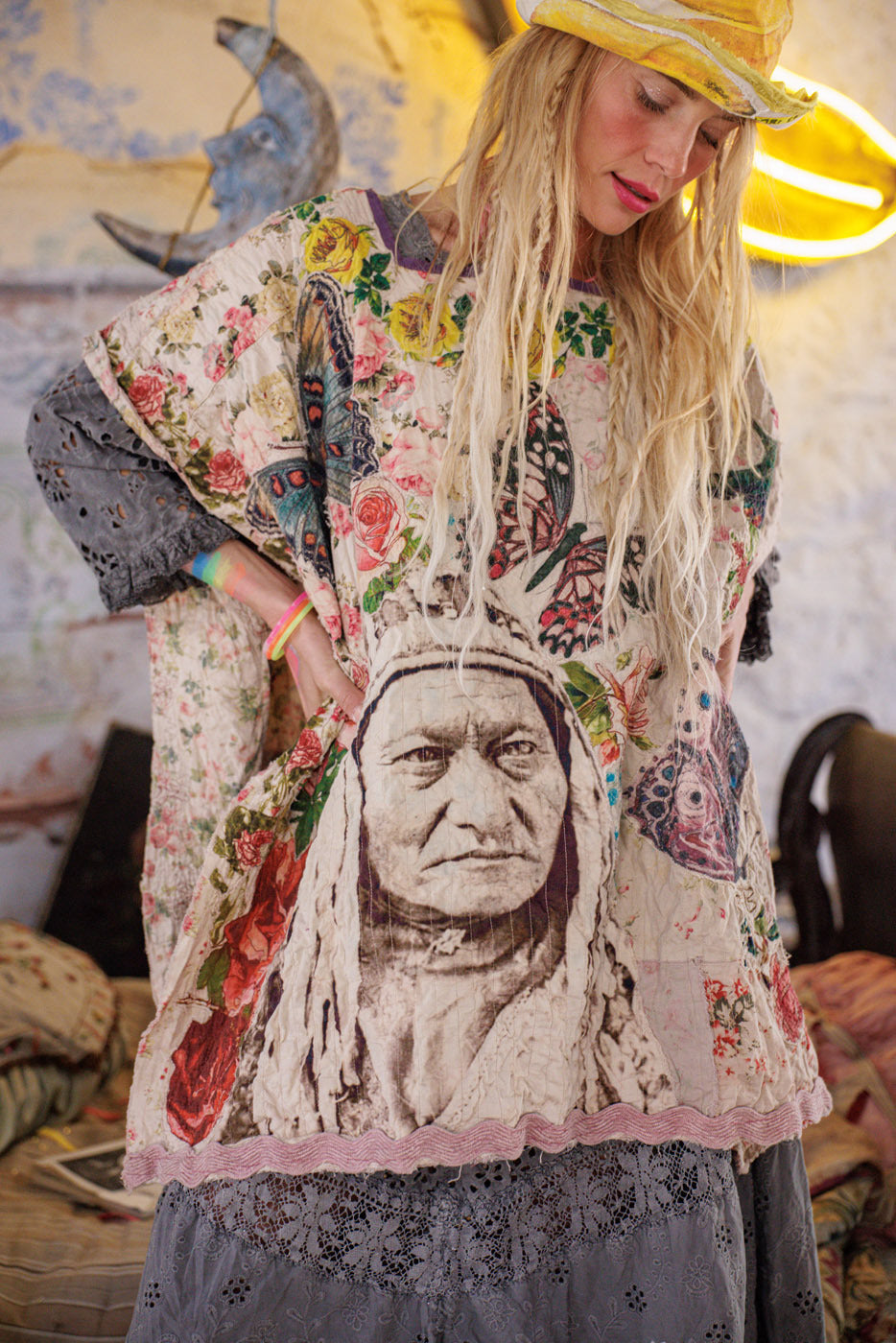 Magnolia Pearl artisan top with floral, butterfly, and Native American portrait, vintage style