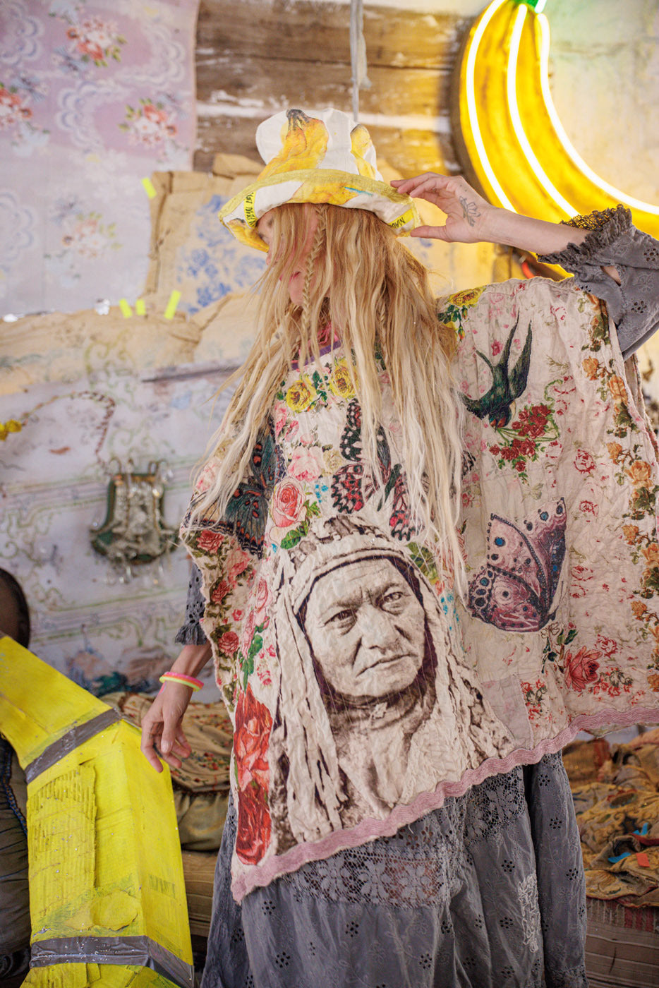 Magnolia Pearl artisan clothing with whimsical vintage poncho, floral and portrait design