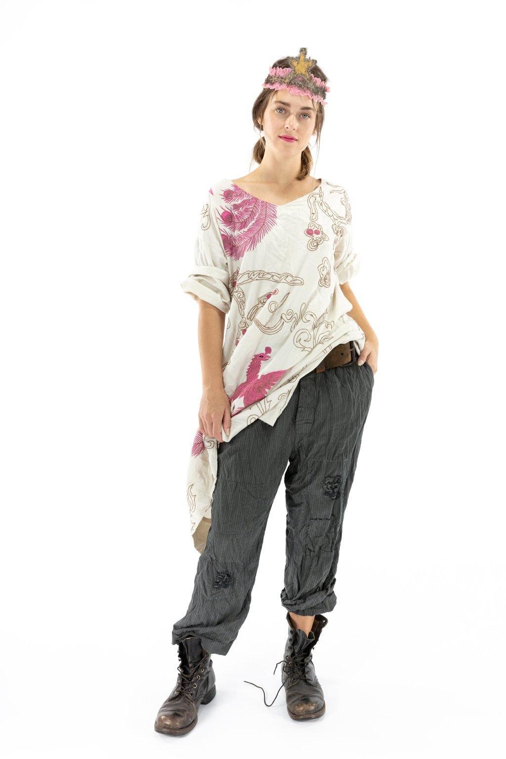 Magnolia Pearl artisan top with whimsical pink peacock embroidery and vintage-style design