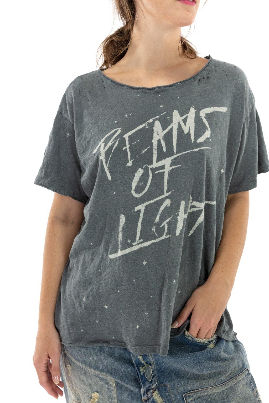 Magnolia Pearl artisan vintage style grey t-shirt with 'Beams of Light' print and whimsical distressed details