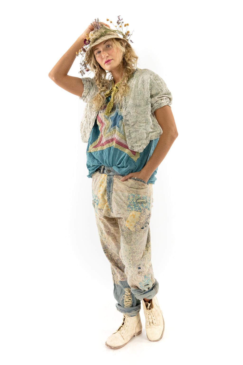 Magnolia Pearl artisan jacket, vintage quilted pants, whimsical star top, floral hat
