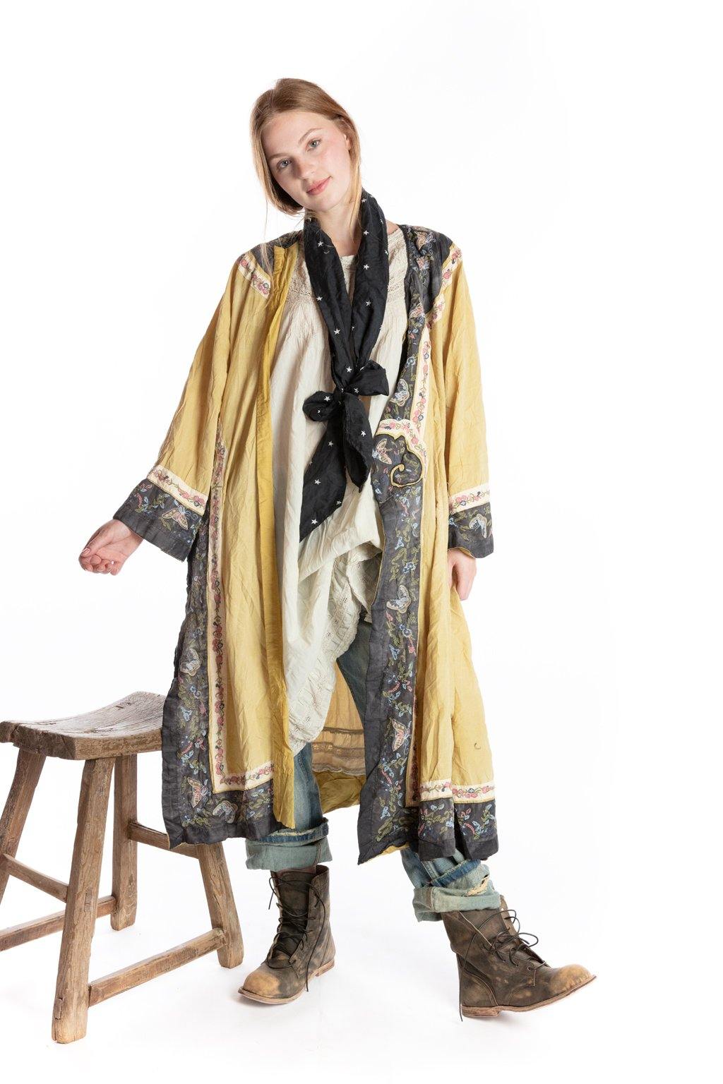 Magnolia Pearl artisan yellow vintage floral duster jacket, whimsical boho fashion style