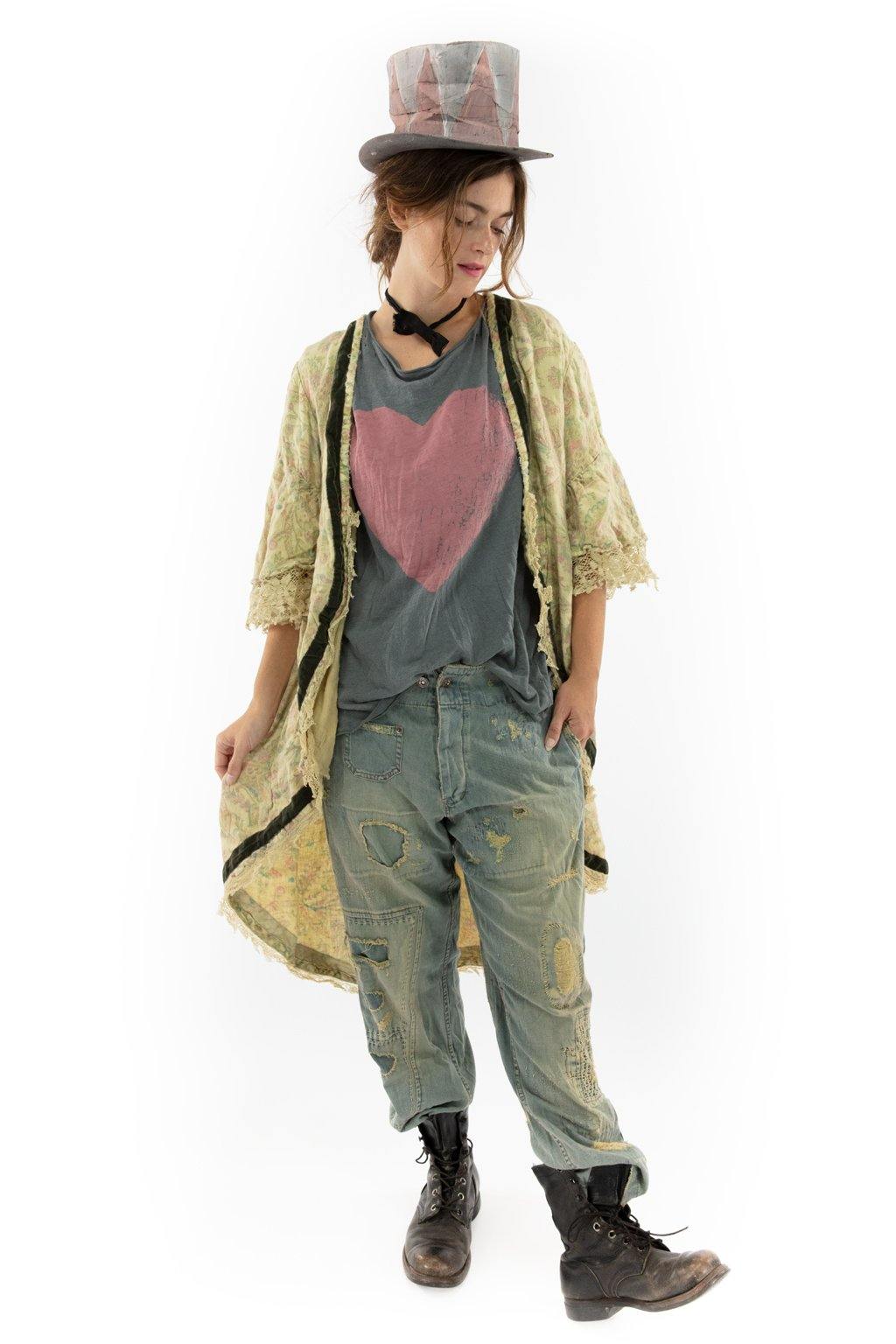 Magnolia Pearl artisan jacket with lace, vintage patchwork pants, heart tee, whimsical top hat