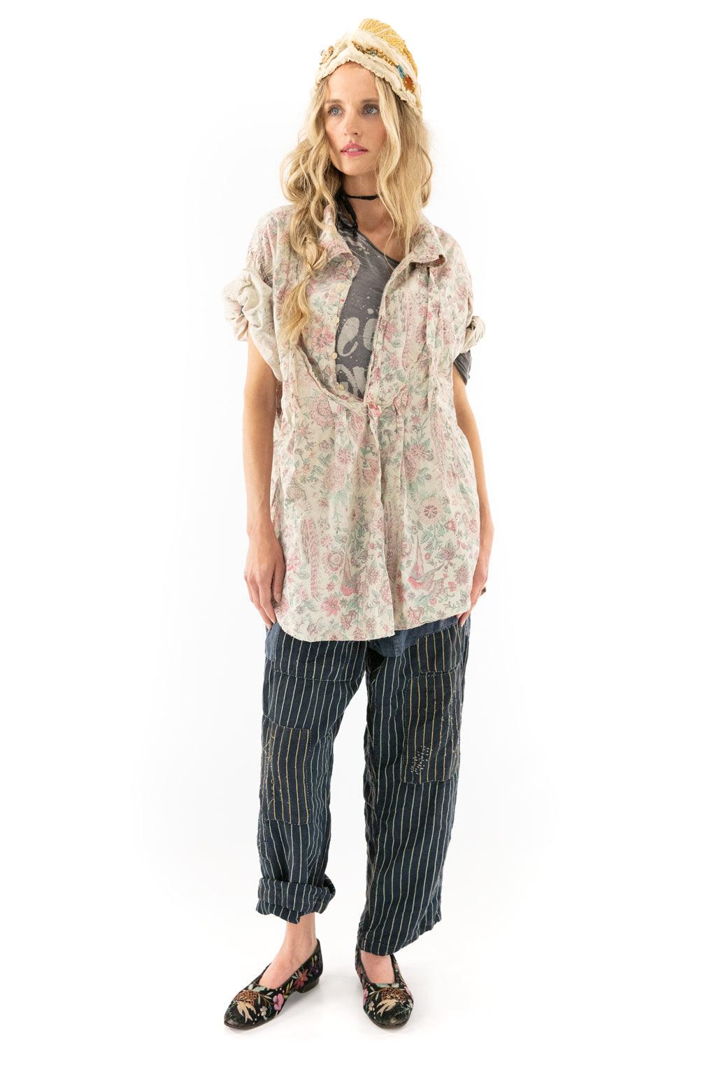 Magnolia Pearl artisan floral shirt, vintage striped pants, whimsical boho style outfit